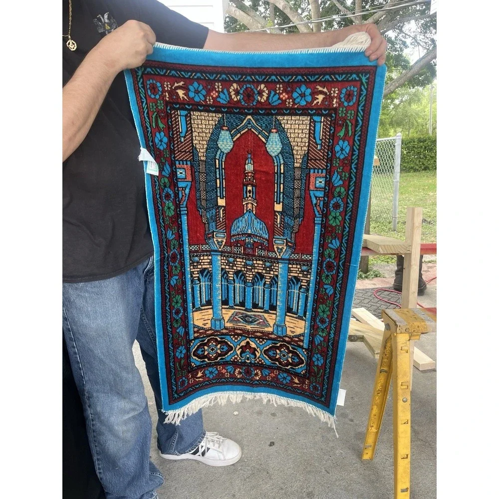 Vintage Muslim Prayer Rug Mat Islamic Blue Made in Saudi Arabia 24.5